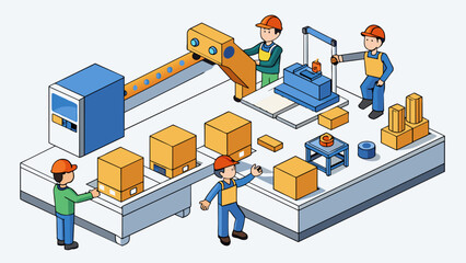 Fototapete - In a factory warehouse workers are busy assembling various parts to create a piece of machinery. Each worker has a specific task using tools and. Cartoon Vector.