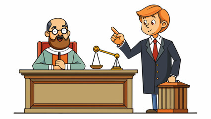 Poster - In a courtroom a sign language interpreter stands next to a defendant who is deaf. As the lawyer speaks the interpreter uses hand motions and body. Cartoon Vector.