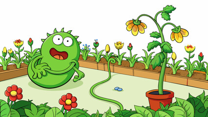 Wall Mural - In a garden there is a greedy plant that stretches its vines over nearby flowers taking in all the sunlight and nutrients for itself.. Cartoon Vector.