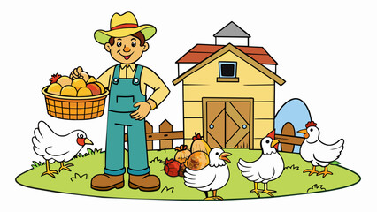Poster - In a pen behind the farmhouse a group of chickens pecked at the ground while a friendly farmer in a straw hat and overalls collected eggs in a wicker. Cartoon Vector.