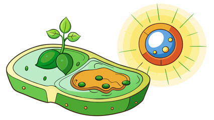 Fototapete - In a plant cell sunlight triggers a chemical reaction that converts water and carbon dioxide into glucose releasing oxygen as a byproduct. The plants. Cartoon Vector.