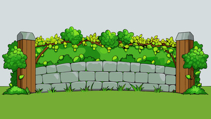 Wall Mural - In a peaceful meadow there is an old stone fence covered in vibrant green ivy. The stones are weathered and uneven giving the fence a rustic and. Cartoon Vector.