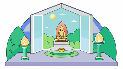 Wall Mural - In a quiet meditation room a small alter made of smooth white stone is p in front of a large window offering a view of a serene garden. On the alter. Cartoon Vector.