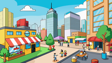 Poster - In a vibrant city a bustling street corner is surrounded by tall skyscrs and busy shops. The smell of street food wafts through the air as people. Cartoon Vector.