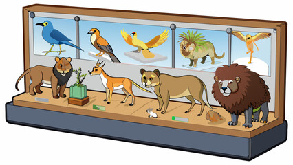Fototapete - In one room a display of taxidermied animals ranging from magnificent lions to tiny birds frozen in lifelike poses as if they were still roaming the. Cartoon Vector.