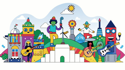 Poster - In some districts there may be a vibrant arts and cultural scene with colorful street art unique sculptures and busy galleries showcasing local. Cartoon Vector.