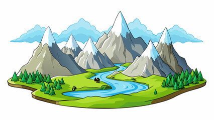 Sticker - In the background a majestic mountain range loomed its peaks covered in a blanket of snow. The jagged edges of the rocks glistened in the sunlight and. Cartoon Vector.