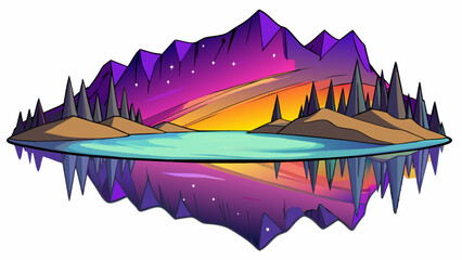 Fototapete - In the distance a shimmering lake reflects the purple and orange hues of the northern lights dancing across the sky a dazzling display of natural. Cartoon Vector.