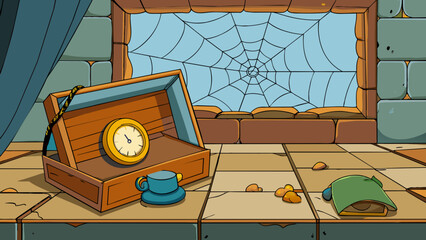 Aufkleber - In the dusty attic previously forgotten treasures were found. A the cobwebs and old trunks a tarnished pocket watch lay on a cracked windowsill and a. Cartoon Vector.
