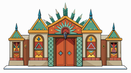 Aufkleber - In the distant village the chiefs home stood out with its grand size and intricate design. Its walls were adorned with colorful murals depicting. Cartoon Vector.