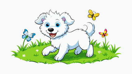 Fototapete - In the fourth illustration a fluffy white puppy playfully runs through a green meadow. Its tail wags enthusiastically as it chases butterflies and. Cartoon Vector.