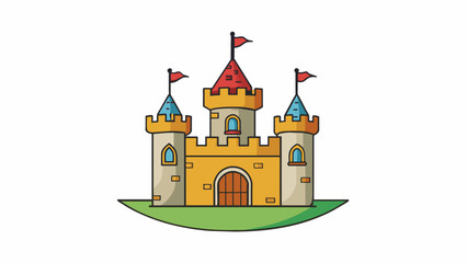 Poster - In the distance there stood a majestic castle towering over the surrounding countryside. At the top of the castles highest turret a flag bearing the. Cartoon Vector.