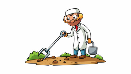 Fototapete - In the field the scientist carried a large metal detector occasionally stopping to dig into the ground with a trowel. The detector beeped excitedly. Cartoon Vector.