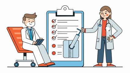 Poster - In the doctors office initial is the first step of a medical examination. It involves taking a persons weight height and pressure and recording it on. Cartoon Vector.