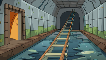 Poster - In the dimly lit underground tunnel a rusty metal ladder led deep beneath the city streets. Graffiti covered the damp gray walls and the sound of. Cartoon Vector.