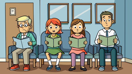 Fototapete - In the hospital waiting room the stillness was palpable as worried families sat with bated breath the only sounds being the occasional page of a. Cartoon Vector.