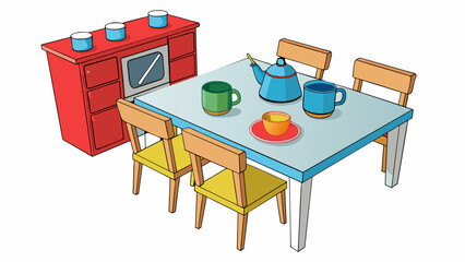 Poster - In the kitchen there is a wooden table with four matching chairs. The table is set with colorful mismatched plates and bowls accompanied by shiny. Cartoon Vector.