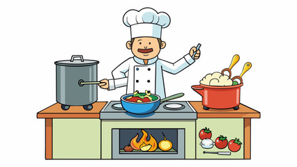 Poster - In the kitchen pots and pans clattered as the chef hurriedly prepared the evenings meal. Meanwhile the oven glowed with heat transforming the raw. Cartoon Vector.