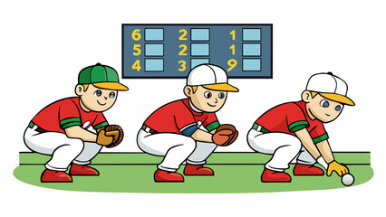Aufkleber - In the outfield three players crouch low to the ground waiting for a ball to come their way. One has a glove on their hand while the others simply use. Cartoon Vector.
