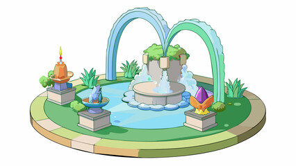 Poster - In the middle of the park stands a large fountain with intricate stone sculptures of animals and plants decorating its base. The water shoots up in. Cartoon Vector.