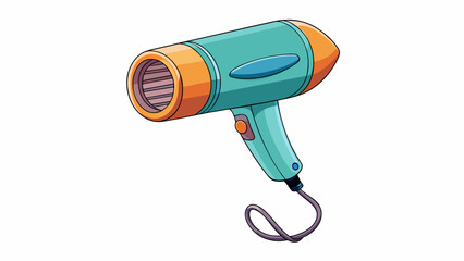 Fototapete - In the second illustration we see a cylindrical object with a metal casing and a long cord attached to it. This object is used to quickly dry wet hair. Cartoon Vector.