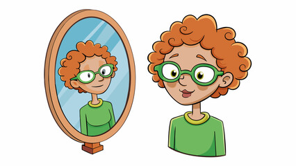 Poster - In the mirror she stole a glance at her reflection before heading out the door. Her curly hair was pulled back in a messy bun and a few strands. Cartoon Vector.