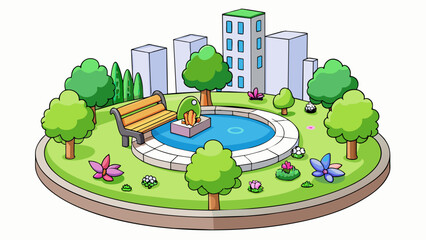 Aufkleber - In the middle of a bustling city there is a relatively quiet park with a small pond in the center. The pond is surrounded by colorful flowers and a. Cartoon Vector.