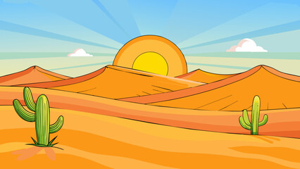 Aufkleber - In the second illustration a shining sun is rising over a vast expanse of golden desert. The sand shimmers and shifts under the suns rays and in the. Cartoon Vector.