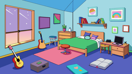Poster - Internal A cluttered bedroom with mismatched furniture and colorful walls. On the bed there is a plush rainbowpatterned comforter and several throw. Cartoon Vector.