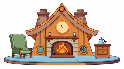 Fototapete - Inside a cozy cabin there is a crackling fireplace with a large ornate clock hanging above it. The clock has intricate designs and chimes every hour. Cartoon Vector.