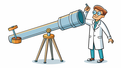 Poster - In the observatory the scientist gazed up at the night sky through a giant telescope. The telescope was mounted on a sy metal tripod and had a complex. Cartoon Vector.
