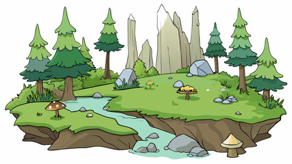 Aufkleber - In this dense forest the trees are much smaller and spr. The ground is dominated by huge mosscovered boulders and fallen logs. The air is cool and. Cartoon Vector.