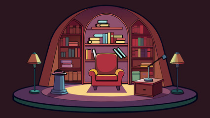Poster - Internal A dimly lit study with shelves lining the walls filled with books of all genres and sizes. The desk in the center of the room is covered in. Cartoon Vector.