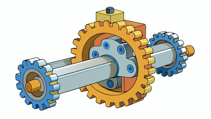 Fototapete - Mechanical component A cylindrical mechanism made of durable metal with multiple gears and levers. It has a smooth surface and is used in machinery to. Cartoon Vector.