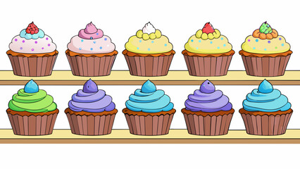 Fototapete - Lined up neatly on a bakery shelf are thirteen perfectly frosted cupcakes arranged in a variety of flavors and colors. Some are adorned with sprinkles. Cartoon Vector.
