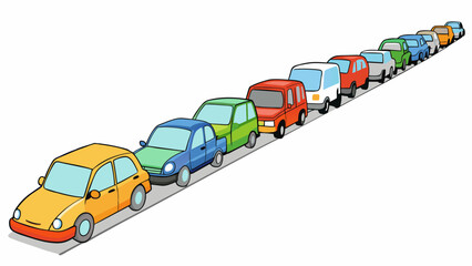 Poster - On a highway a line of cars stretches as far as the eye can see. The cars vary in make and model but are mostly neutral colors like black white and. Cartoon Vector.
