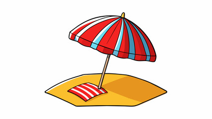 Poster - On a sunny beach there is a bright red beach umbrella stuck in the sand. The umbrella has a colorful striped design and provides shade for a nearby. Cartoon Vector.