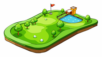 Poster - On a golf course an area of perfectly manicured grass neatly trimmed and maintained extending for what seems like miles. It reflects the sunlight. Cartoon Vector.