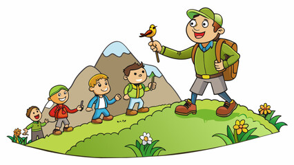 Poster - On a hiking trail a guide is easily recognizable by their rugged boots and trusty compass hanging from their neck. They confidently lead a group of. Cartoon Vector.