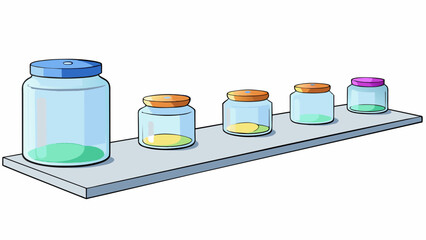 Poster - On the kitchen counter there is a row of jars arranged from smallest to largest. The jars are made of clear glass and each one has a different colored. Cartoon Vector.