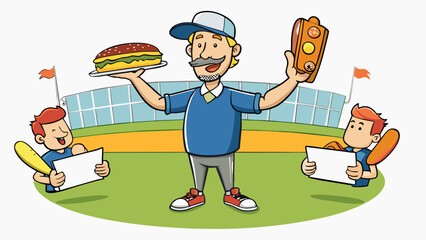 Aufkleber - On the sidelines a coach holds a clipboard and gives hand signals to the players on the field. The sound of cheering and clapping can be heard as a. Cartoon Vector.