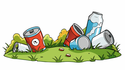 Poster - On the side of the road previously discarded cans and bottles littered the grassy ditch. The aluminum cans glinted in the sunlight and the glass. Cartoon Vector.