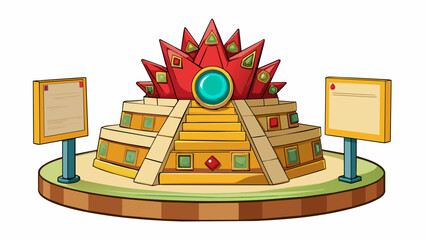 Fototapete - On display in a museum a crown from the ancient Mayan civilization features sharp jagged spikes and a red gem in the center. Its purpose is unknown. Cartoon Vector.