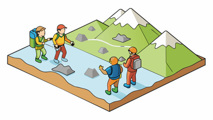 Fototapete - On target A group of hikers looking at a map pointing to a specific mountain peak in the distance. The map is detailed and shows the geographic. Cartoon Vector.