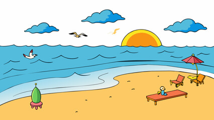 Aufkleber - On a quiet beach the sound of waves crashing against the shore is surrounded by the soothing calls of seagulls and the distant laughter of children. Cartoon Vector.