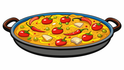 Poster - One cant miss the delicious aroma of paella a classic Spanish dish cooked in a large shallow pan and filled with an array of colorful ingredients such. Cartoon Vector.