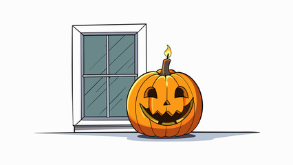Poster - On the windowsill sits a carved jackolantern grinning with a flickering candle inside casting spooky shadows on the wall.. Cartoon Vector.