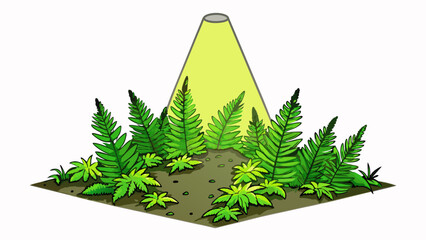 Poster - On the forest floor there is a small spot of light coming through the dense canopy above. It illuminates a patch of green ferns making them appear. Cartoon Vector.