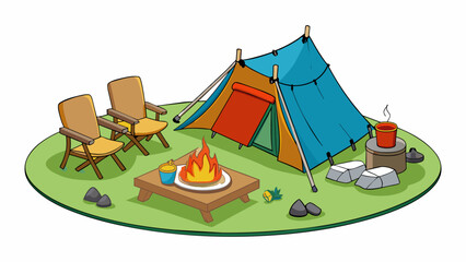 Poster - Outdoor Camping Prep Assemble a sy tent with all necessary poles and stakes and lay down a tarp or mat underneath for extra protection. Gather. Cartoon Vector.