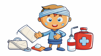 Poster - Proper first aid techniques for a minor or sc include cleaning the with soap and water applying antibiotic ointment and covering it with a sterile. Cartoon Vector.